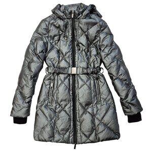 Bebe Belted Down Puffer Hood Mid Length Full Zip Shiny Gray Jacket Womens XS